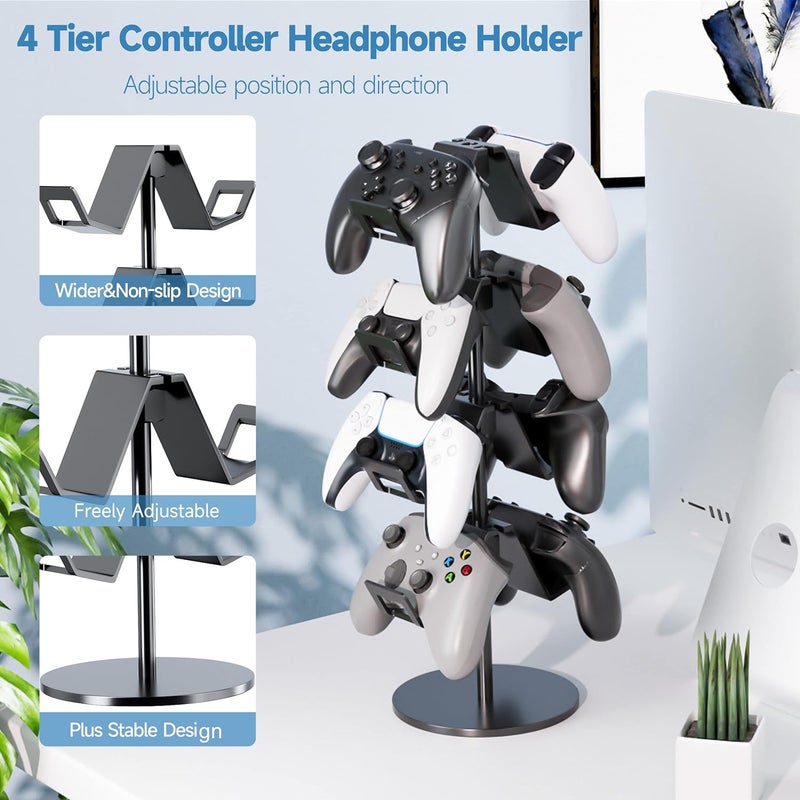 Karanava Controller Holder 4 Tier,Headphone Stand - Adjustable Headset Holder for Xbox PS5 PS4 Switch Pro - Gaming Accessories Storage for Gamer,Desk/Floor(Black) - Image 2